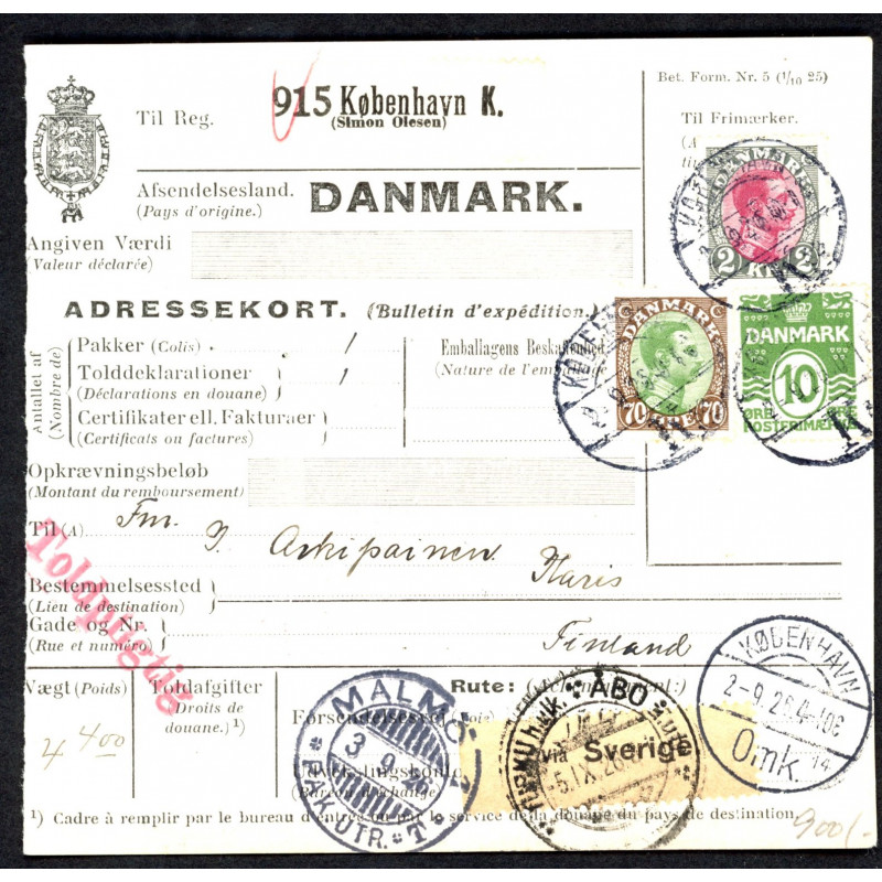 1926. International adressekort med 2 kr, og 70 Øre, Chr. X m.m. til Finland