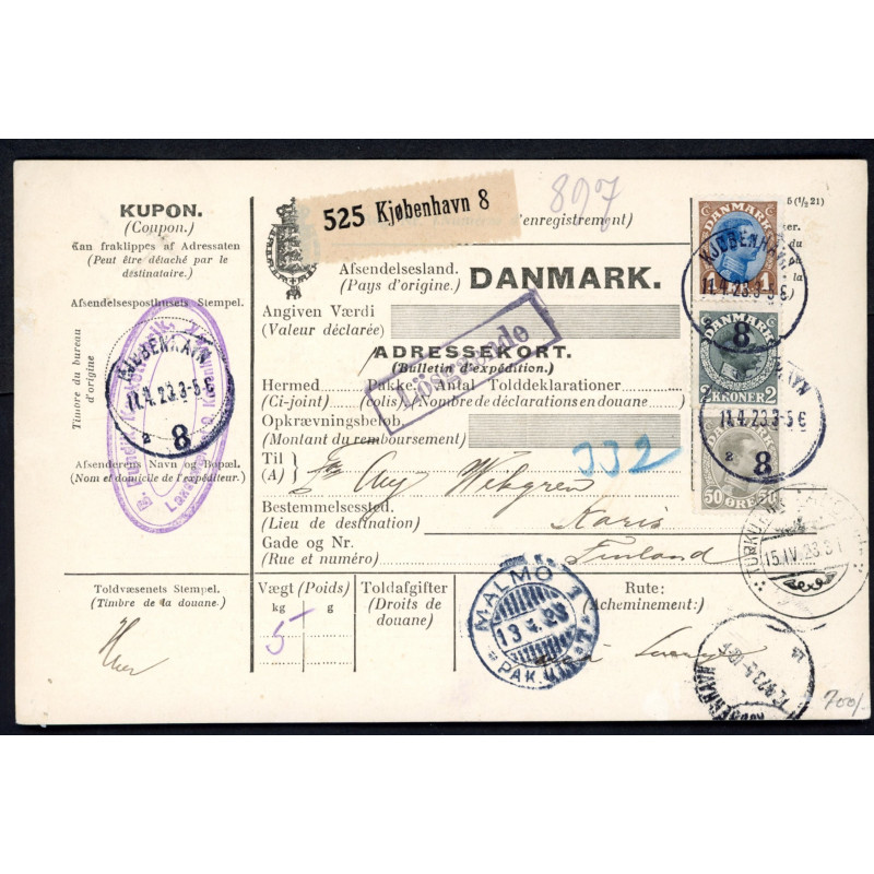 1926. International adressekort med 2 kr, og 70 Øre, Chr. X m.m. til Finland