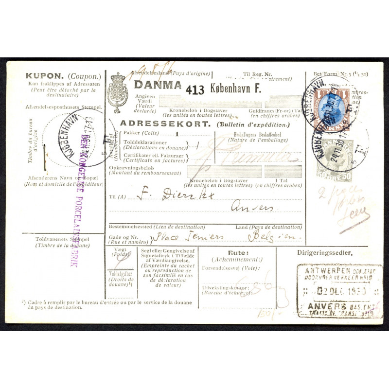 1930. International adressekort med 1 og 50 Øre, (defekt) Chr. X til Belgien