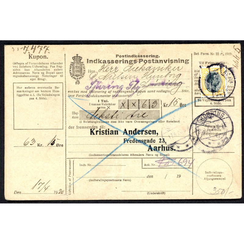 1923. International adressekort "Ilpakke" med 1 og 2 kr, samt 40 Øre, Chr. X til Sverige