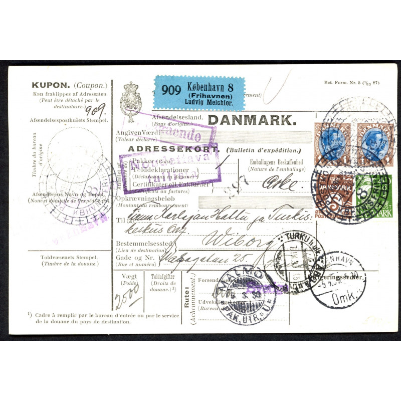 1930. International adressekort med 2x 1 kr, Chr. X m.m. til Finland