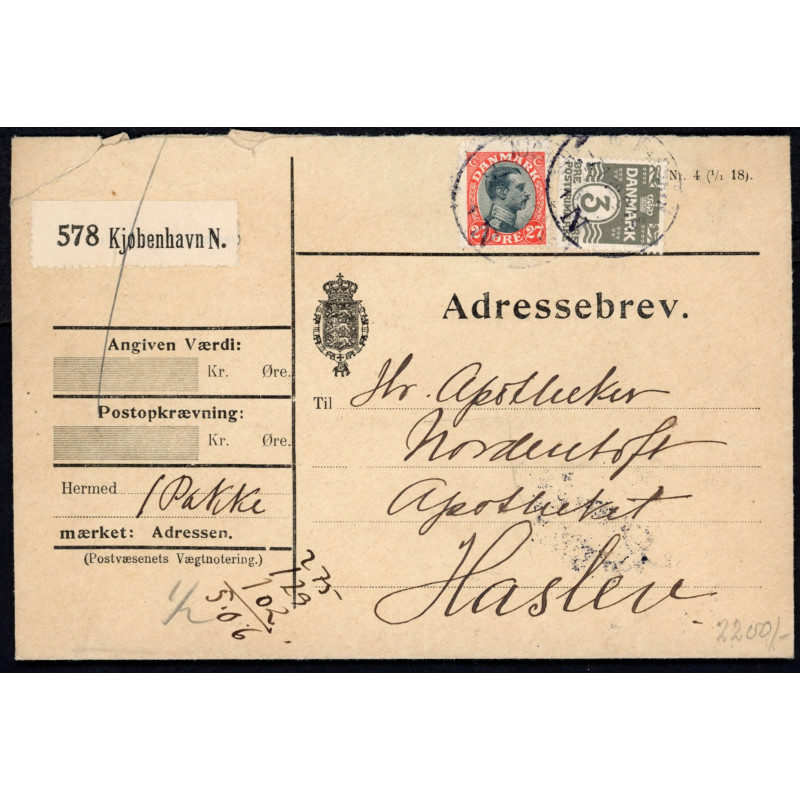 1919. Adressebrev med 27 Øre, Chr. X m.m fra Kjøbenhavn til Hasten