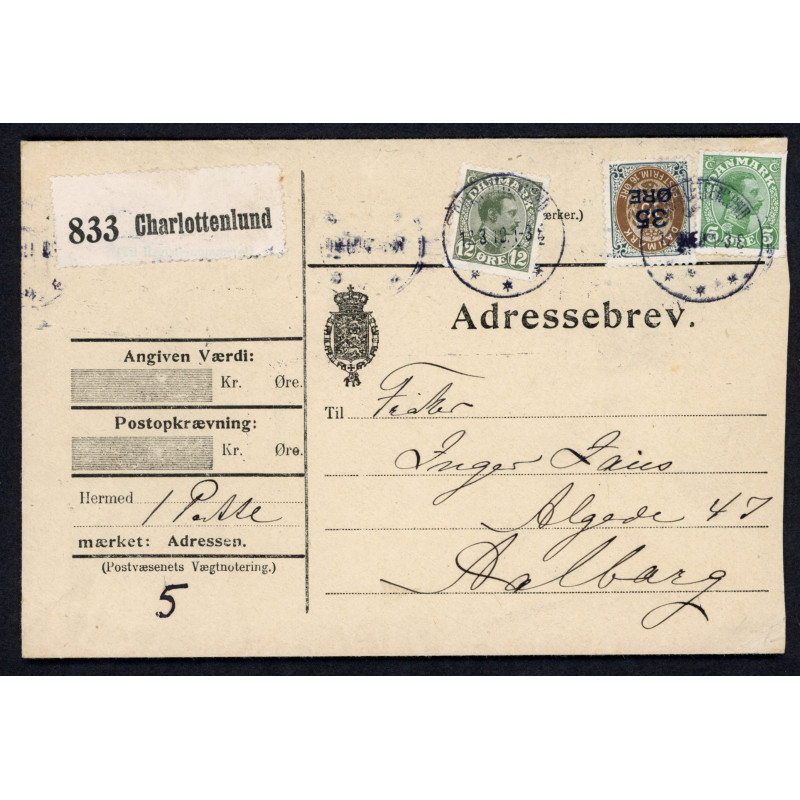 1919. Adressebrev med 35/16 Øre, Prov.m.m fra Charlottenlund til Aalborg