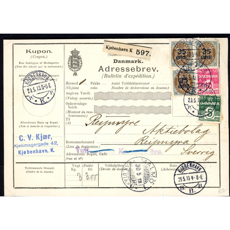 1923. International adressekort med 1 kr og 2x 15 Øre, Chr. X til Sverige