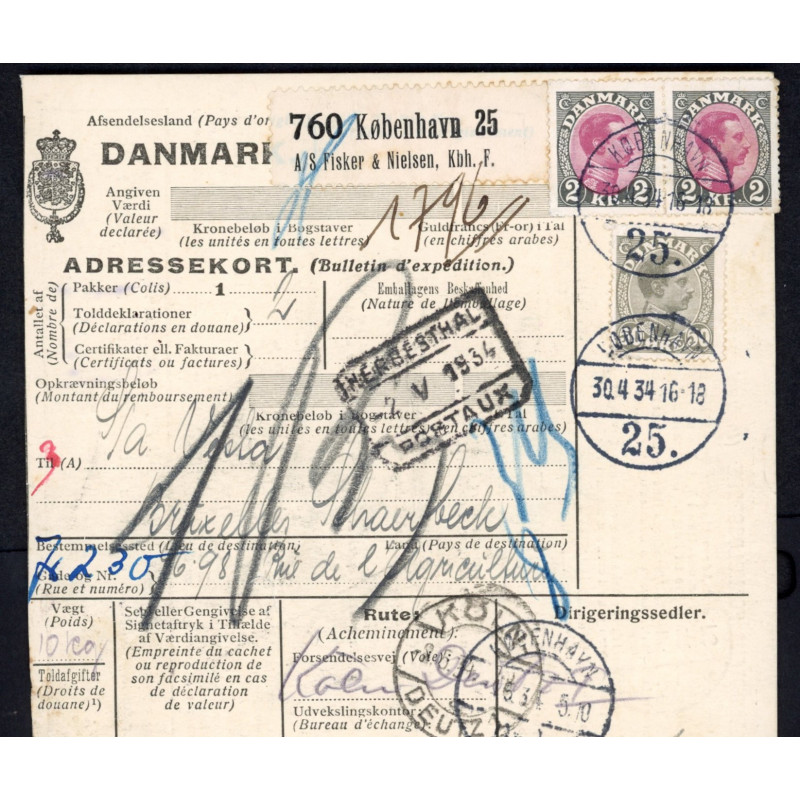 1930. International adressekort med 2x 2 kr og 50 Øre, Chr. X til Belgien