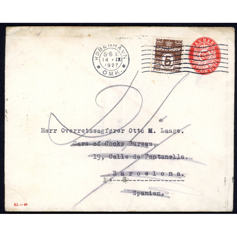1927. Opfrankeret helsagskuvert (KL-40) til Spanien, retur som ubekendt.