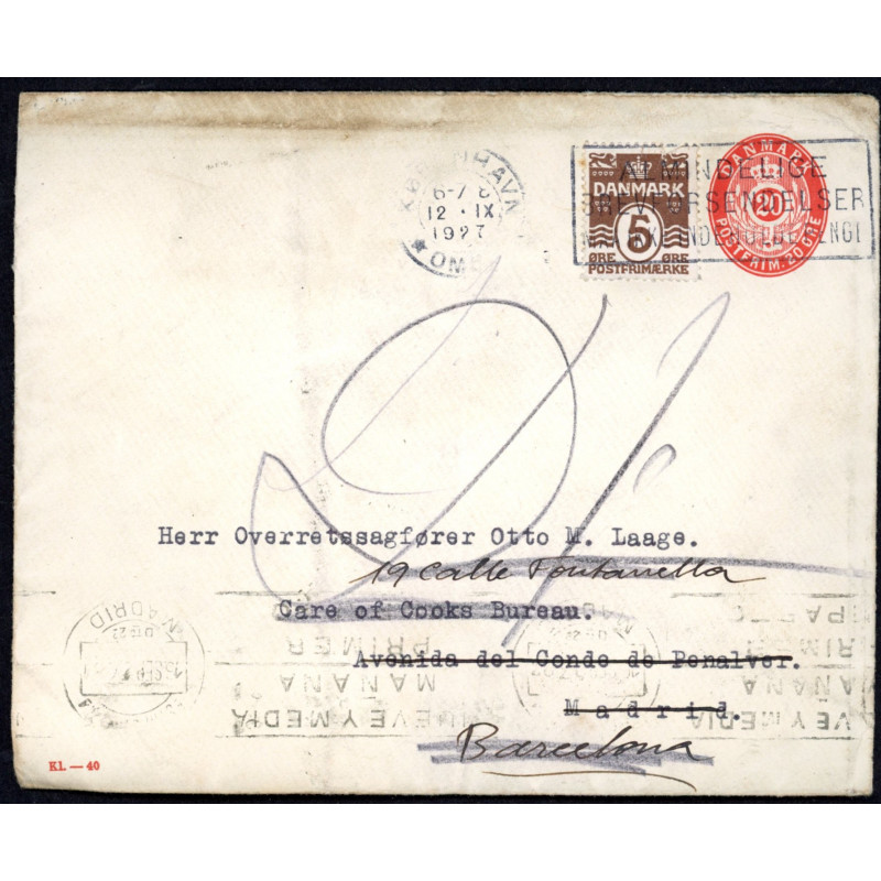 1927. Opfrankeret helsagskuvert (KL-40) til Spanien, retur som ubekendt.
