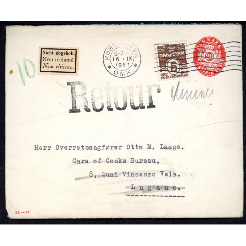 1927. Opfrankeret helsagskuvert (KL-40) til Spanien, retur som ubekendt.