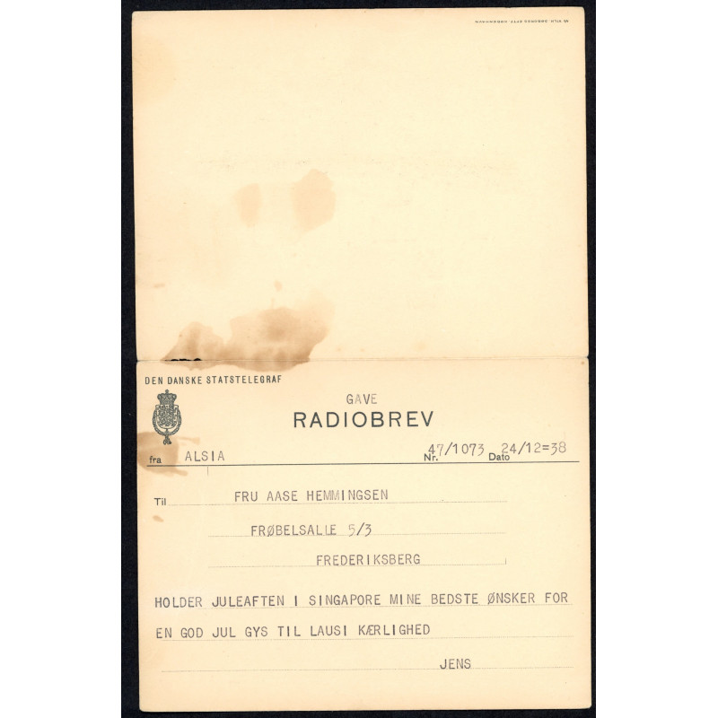 GAVE- Radiobrev fra M/S CANADA dateret 24.12.38 (Holder juleaften i SINGAPORE)
