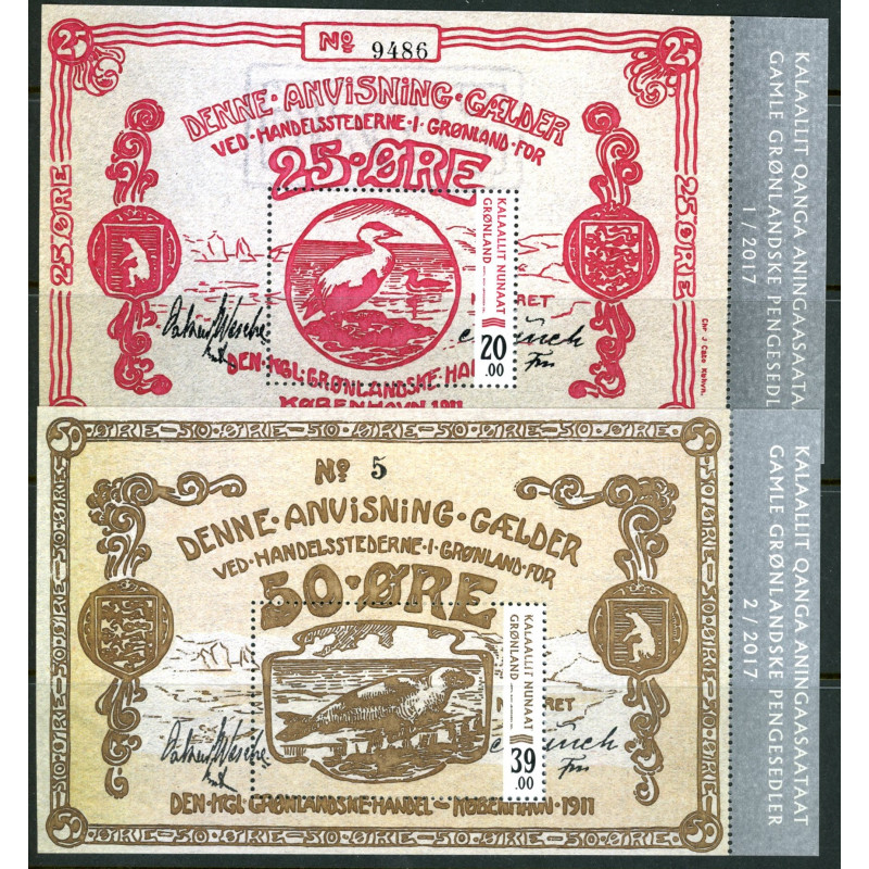 2017. 20-39,00 kr. Gamle Grønlandske pengesedler. Miniark. AFA nr. 759-60 **  postfrisk  stemplet FDC