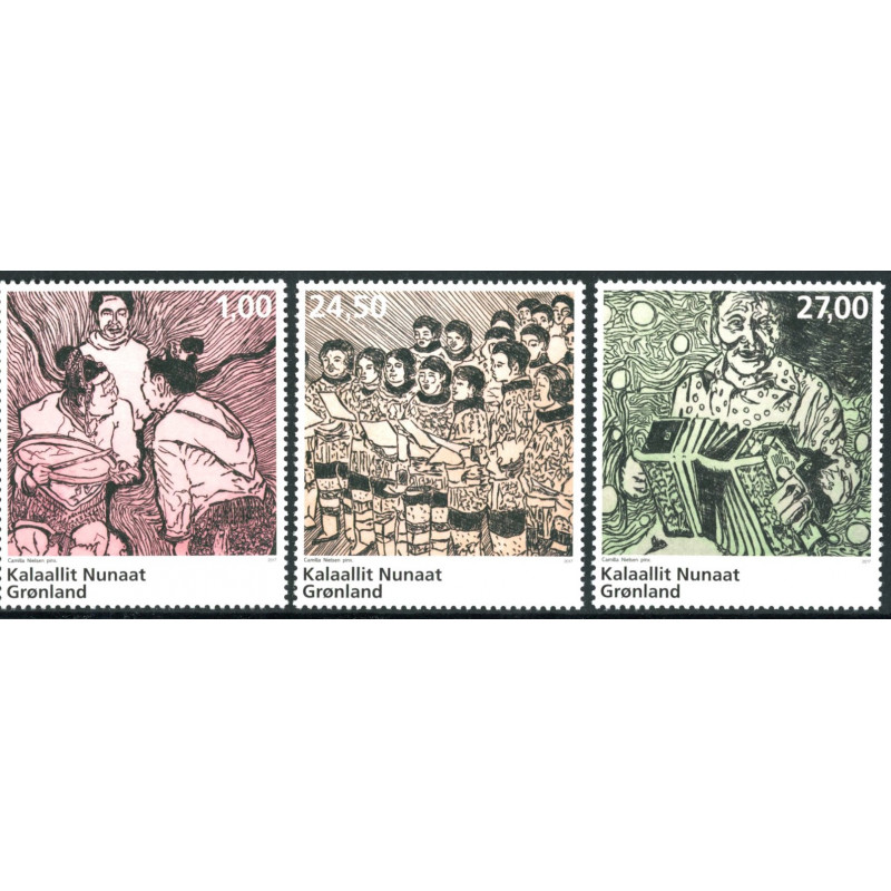 2017. 1-27,00 kr. Grønlandsk musik. AFA nr. 748-50 ** postfrisk  stemplet FDC