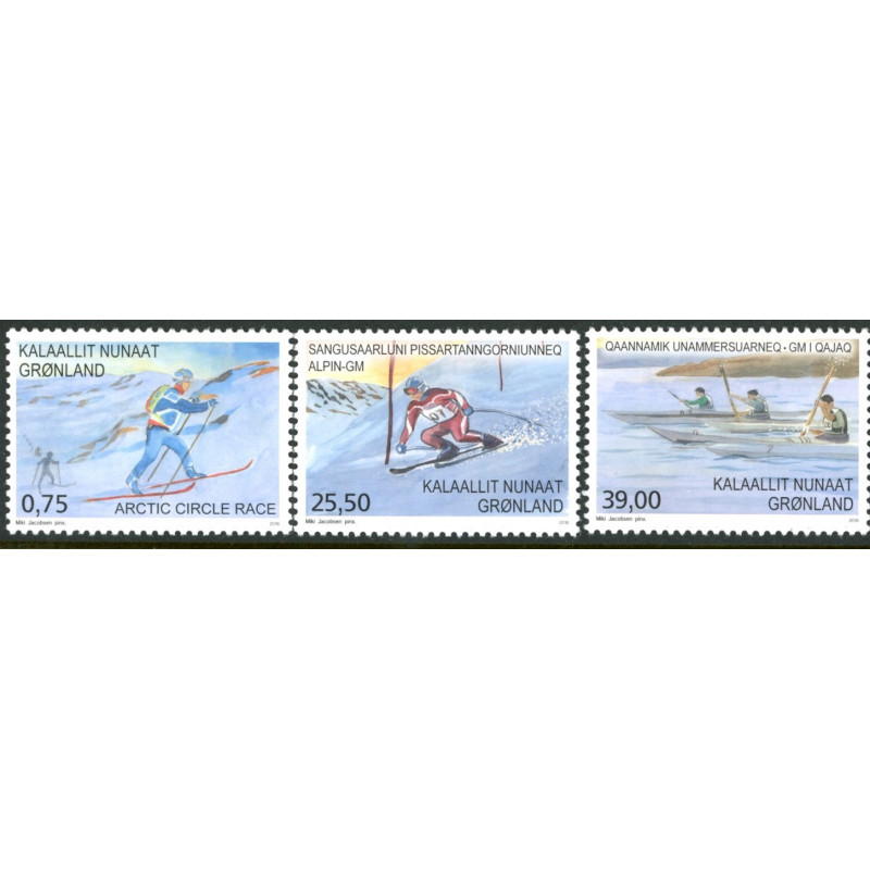2016, 0,75-39,00. Sport i Grønland I. AFA nr. 732-34 postfrisk  stemplet FDC