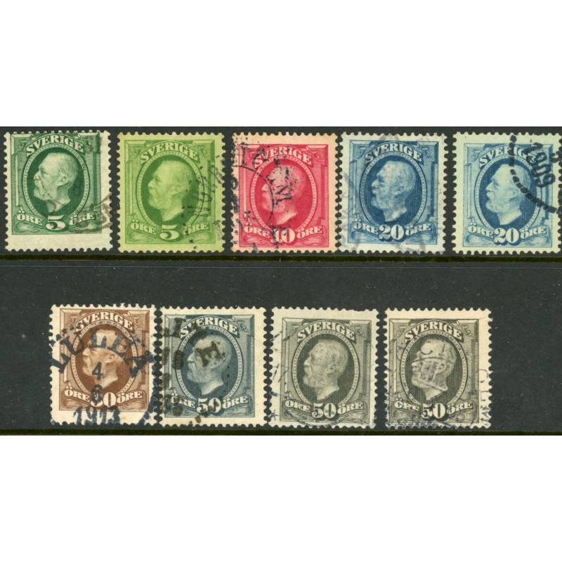 Sverige. 1891. Kong Oscar, 5-50 Øre, AFA nr. 41-45b st. (9)  postfrisk stemplet FDC st,