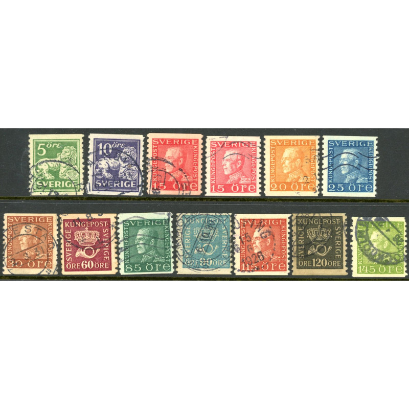 Sverige. 1925-26. Båndmærker tonet plade.  5-145 øre, AFA nr. 189-200 st. (13)  postfrisk stemplet FDC st,