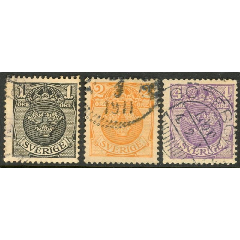 Sverige. 1910-14. Lille rigsvåben, 1-4 Øre. AFA nr. 57-59 **  postfrisk stemplet FDC st,