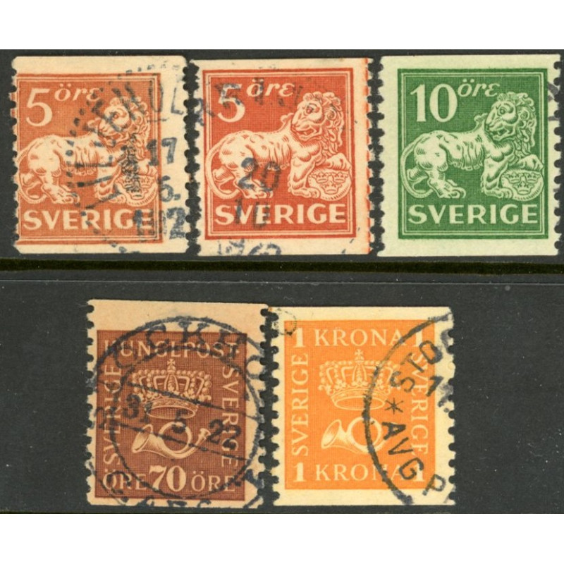Sverige. 1921. Båndmærker, 5 Øre-1 kr. u. vm. AFA nr. 141-44 st. (5) **   postfrisk stemplet FDC st,
