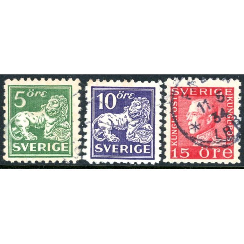 Sverige. 1934. Båndmærker 5-15 Øre HVIDT papir, tk. alle sider, AFA nr.  189BH-191BH st.  postfrisk stemplet FDC st,