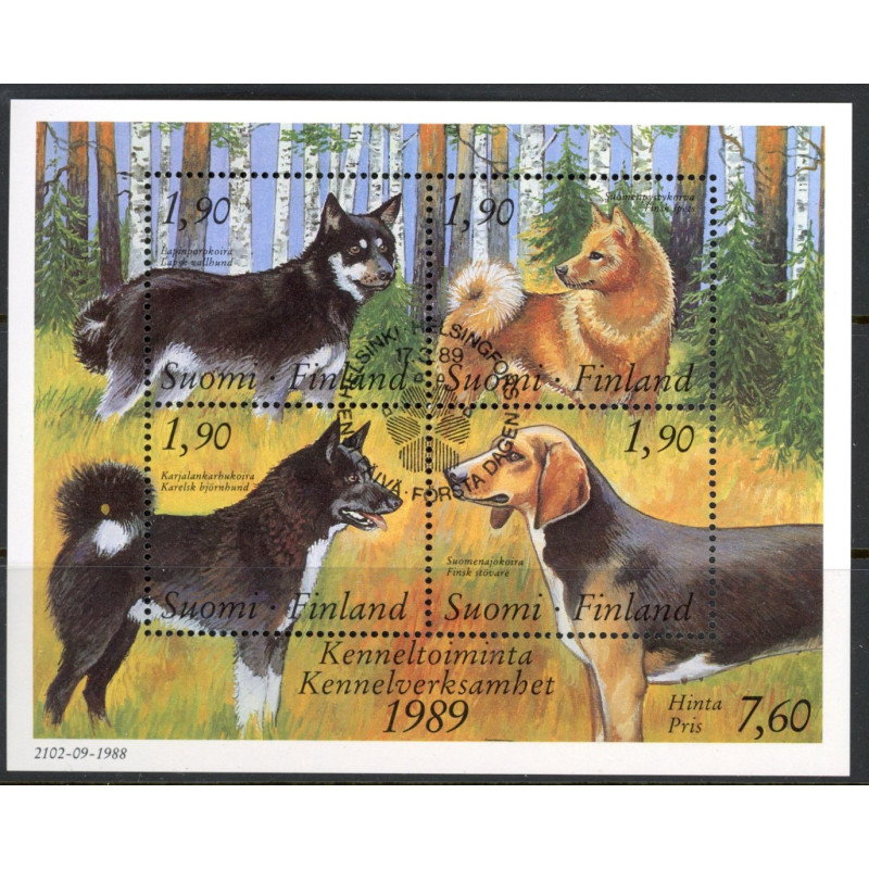 Finland. 1989. Hunde i miniark. AFA nr. 1071 **    , postfrisk stemplet FDC
