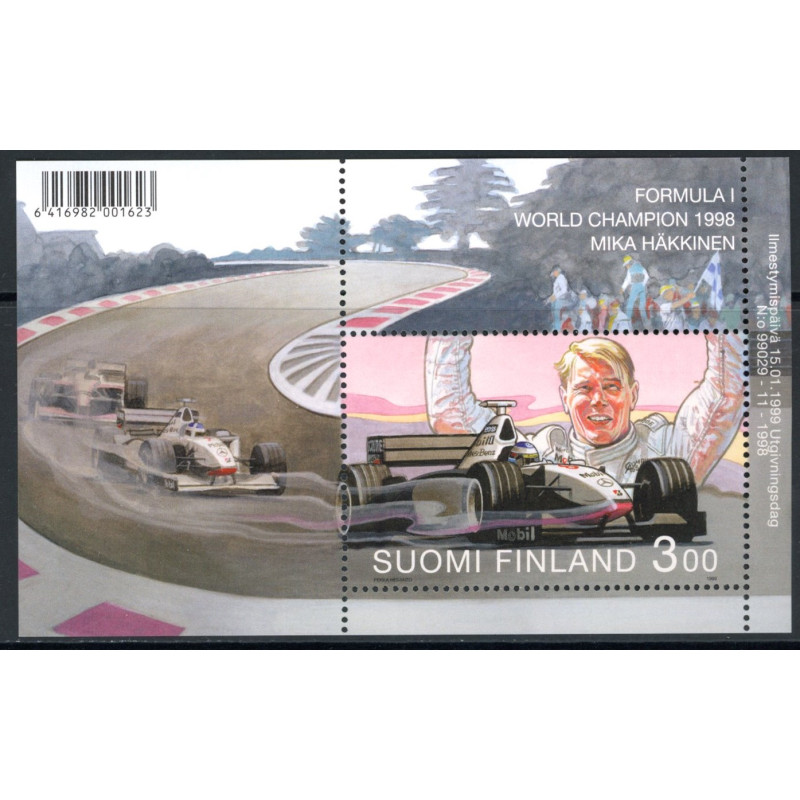 Finland. 1999. Mika Häkkinen, Miniark. AFA nr. 1449 **    , postfrisk stemplet FDC