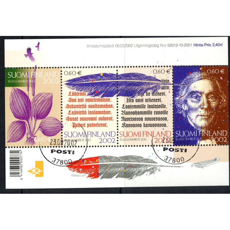 Finland. 2002. Elias Lönnrot, miniark. AFA 1598-1601 **     , postfrisk stemplet