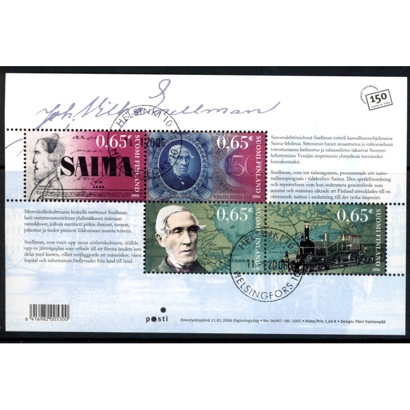 Finland. 2006. J. V. Snellman. Miniark. AFA nr. 1765-68 **     , postfrisk stemplet