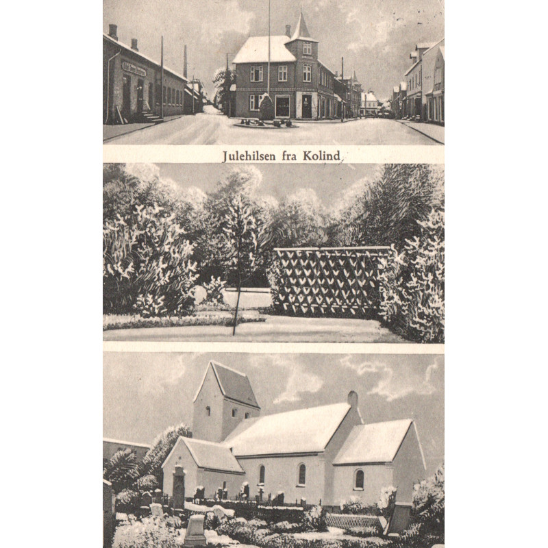 Kolind, Julehilsen fra. 3-delt motiv. brugt med julemærke 1931. (Clemmesens)