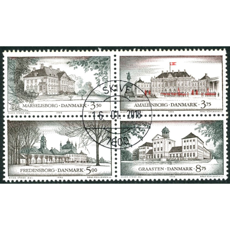 1994. Danske slotte miniark med AFA 1066Bx  i hæfteblok stemplet postfrisk