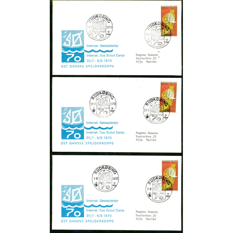 1970. Det Danske Spejderkorps. Internat. Søspejderlejr, komplet sæt stemplet 30/7-6/8 1970, på 8 kuverter