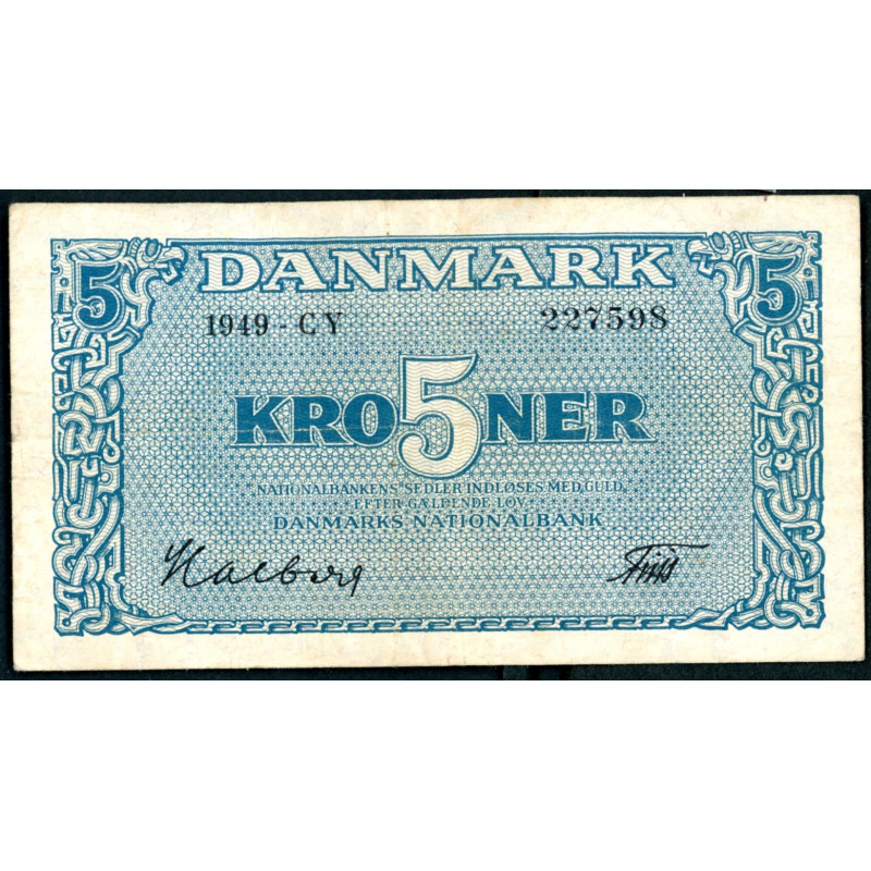 Danmark. 5 kr. Sieg 119 DOP 128b Pick 35b-g 1949 CY (1+)