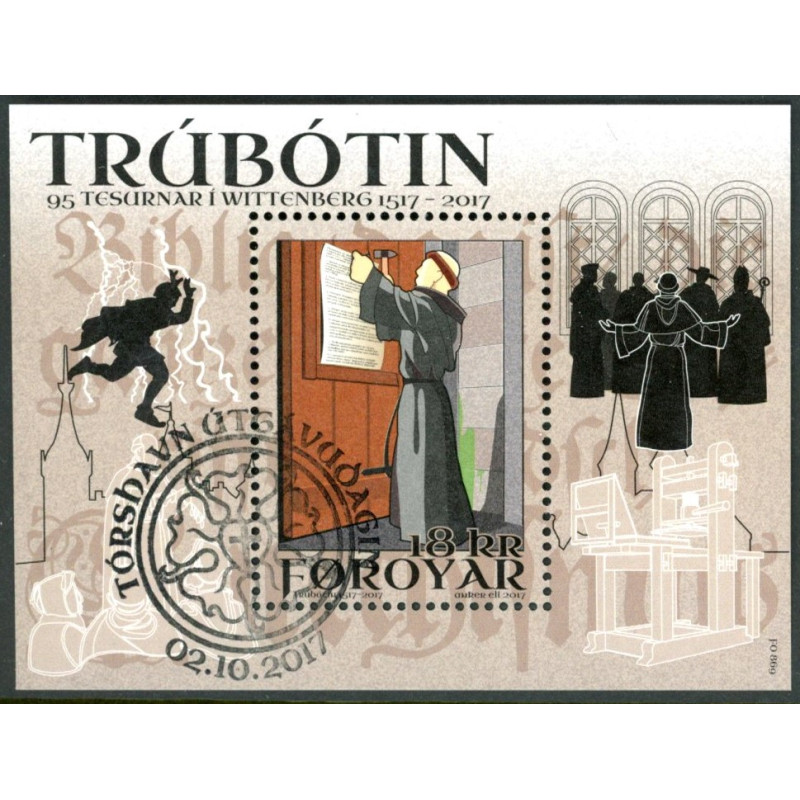 Færøerne 2017. Reformationen 500 år,miniark, AFA nr 896a, Postfrisk   stemplet FDC