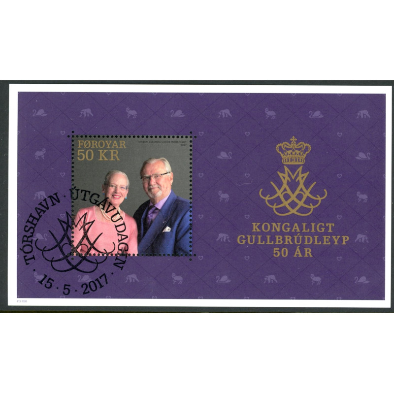 Færøerne 2017. Kongeligt guldbryllyp, miniark, AFA nr 884, Postfrisk stemplet FDC