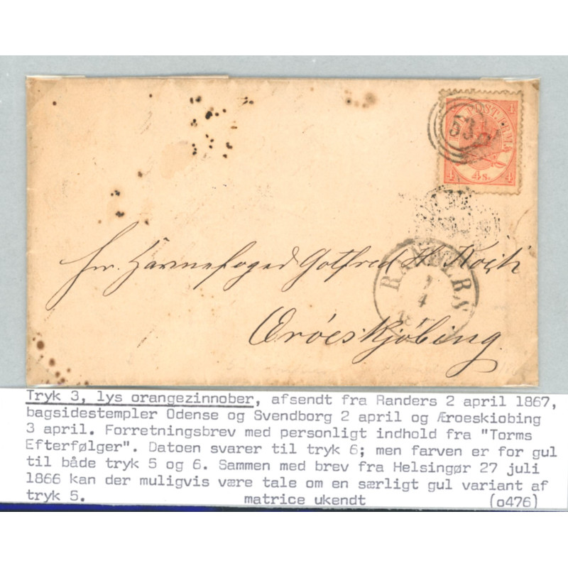 1864. 4 Sk. tryk 3, på brev (se foto)