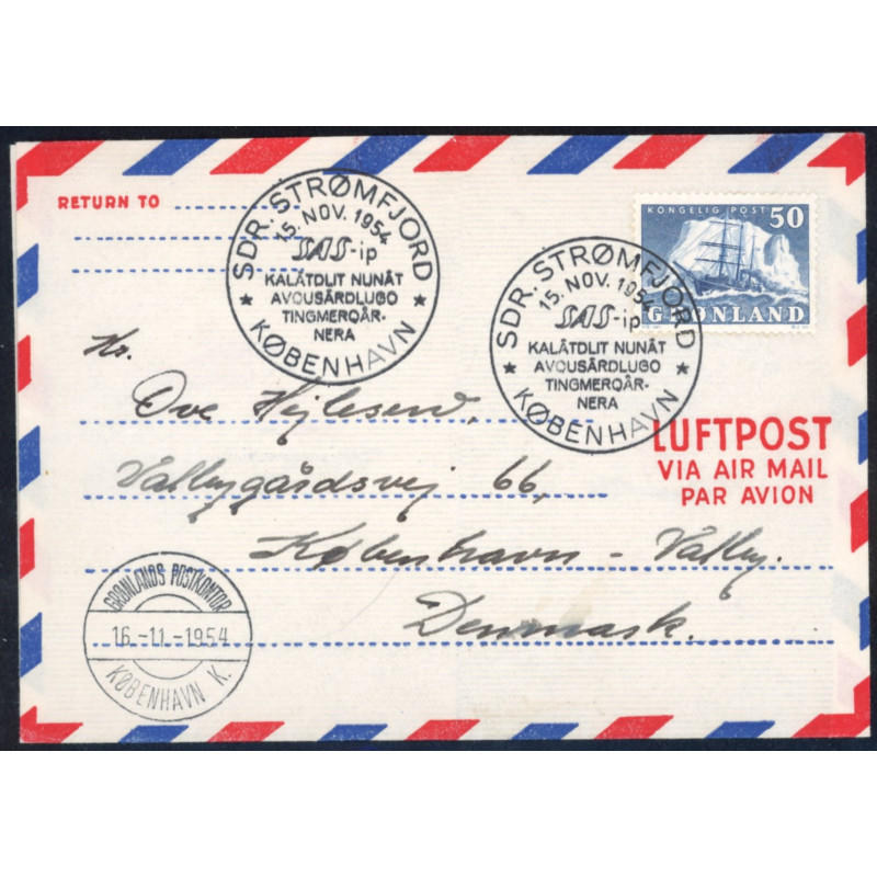 1954. 40 øre Isbjørn på Luftpostkuvert med særstempel SAS i Sdr-Strømfjord