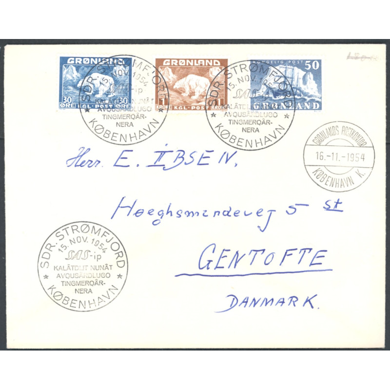 1954. Isbjørn og Gustav Holm på kuvert med særstempel SAS