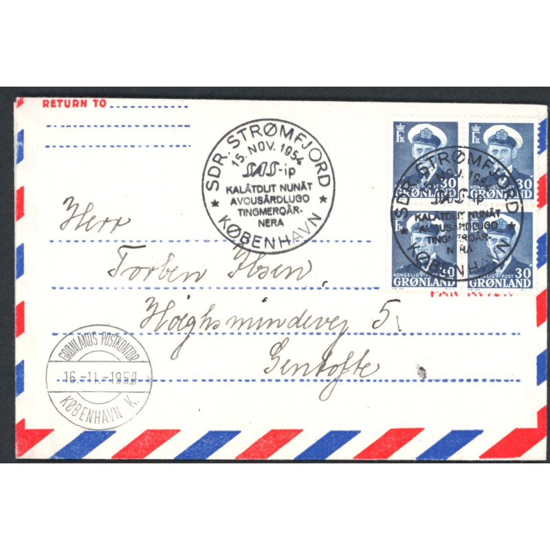 1954. 30 øre Kong Frederik i 4-blok luftpostkuvert (ubrugt) særstempel SAS i Sdr-Strømfjord