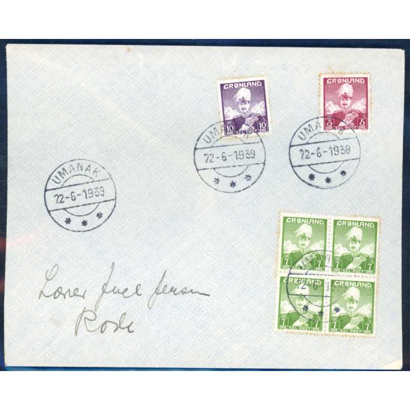 1939. Kong Chr. X 5,7 og 10 Øre på brev Danmark stemplet UMANAK 22.6.1939