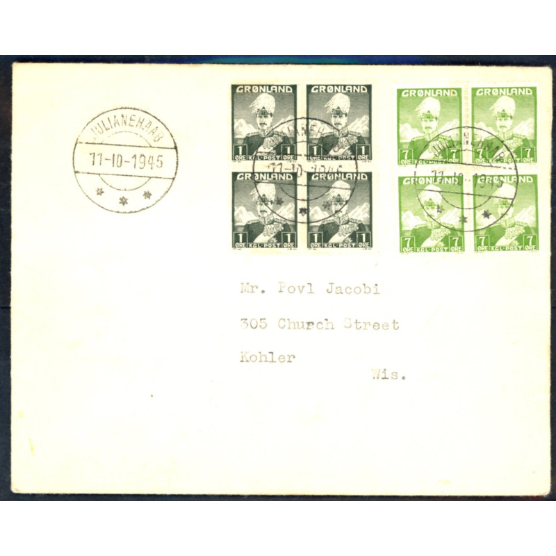 1945. Kong Chr. X  i 4-blokke, stemplet JULIANEHAAB 11.10.1945 til Tyskland
