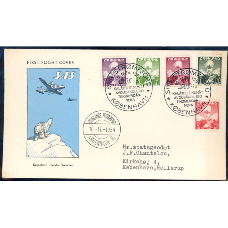 1954. 30 øre Kong Chr. 1-20 Øre på FFC særstempel SAS i Sdr-Strømfjord