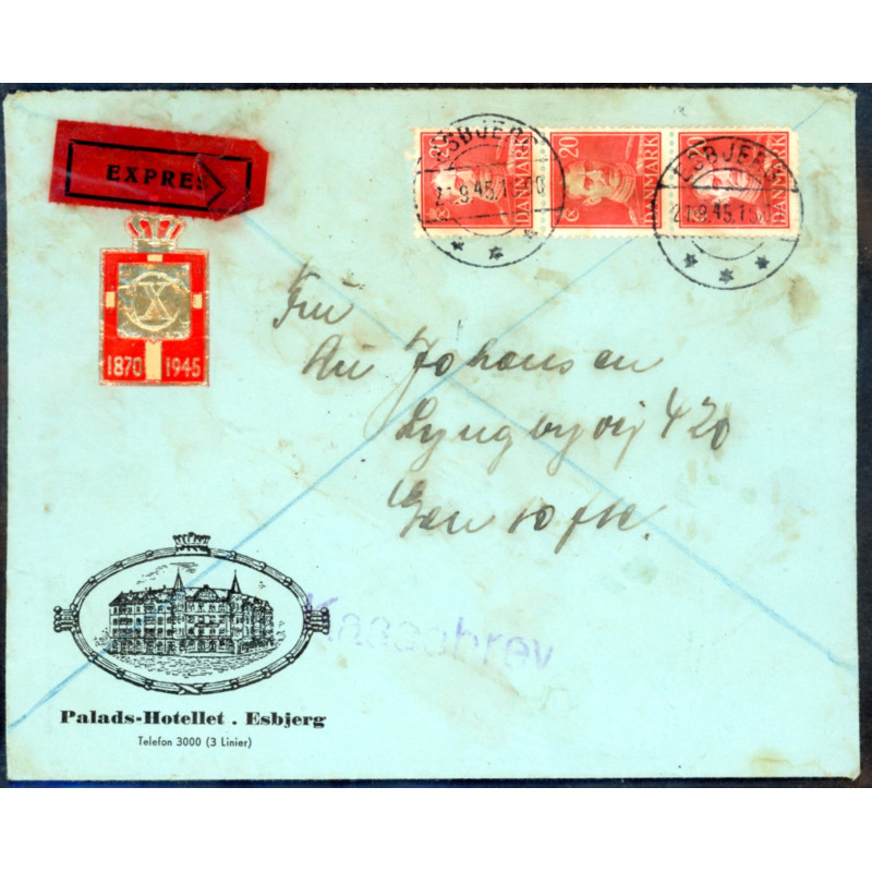 1945. Expresbrev fra Esbjerg til Gentofte, med 3x20 Øre rød (AFA 276) Linjestemplet "Kassebrev" ankomststemplet Hellerup 22.9.45