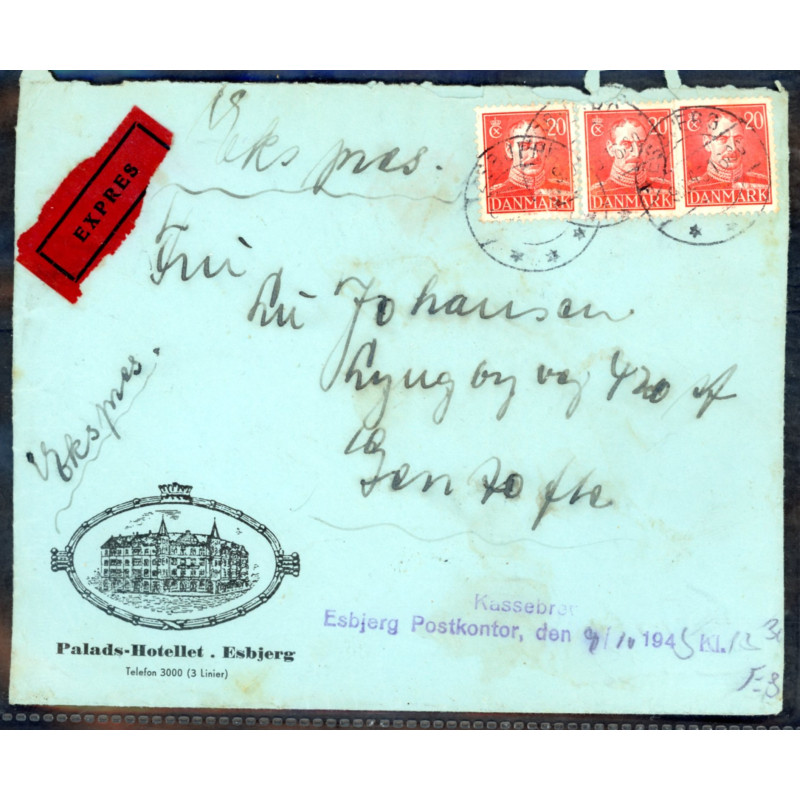 1945. Expresbrev fra Esbjerg til Gentofte, med 3x20 Øre rød (AFA 276) Linjestemplet "Kassebrev" ankomststemplet Hellerup 22.9.45