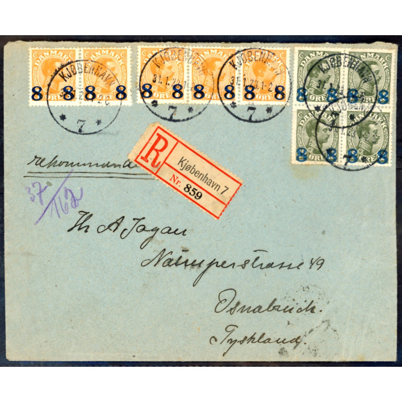 1923. Provisorier. 8-7/12 Øre, på Rek-brev til Tyskland stemplet Kjøbenhavn 31.1.23