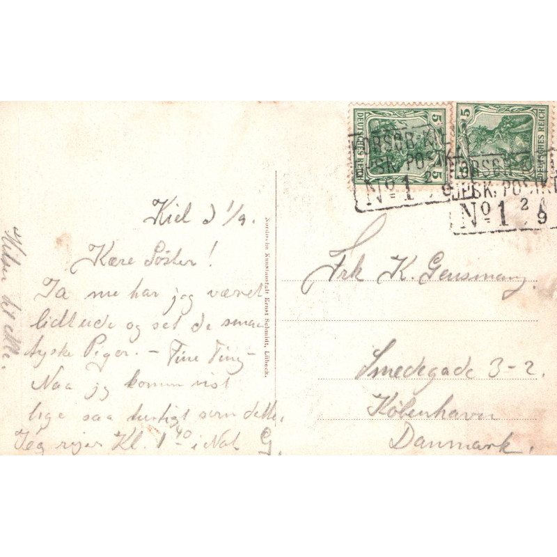 Korsør-Kiel DPSK:POSTKT: No. 1 d. 1.9.1902 til Kjøbenhavn.