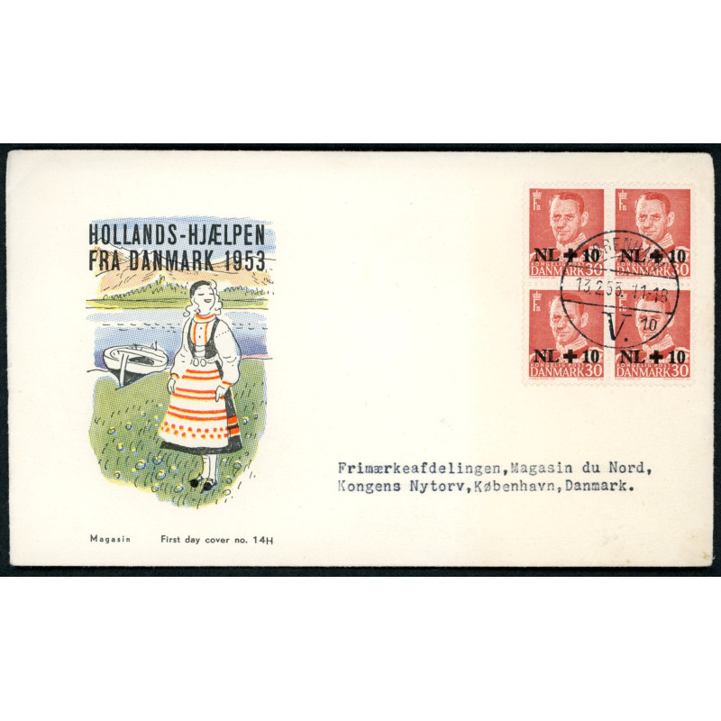 1953. Kong Frederik,Hollandshjælpen AFA nr. 344 på  FDC med enkeltmærke, 4-blok