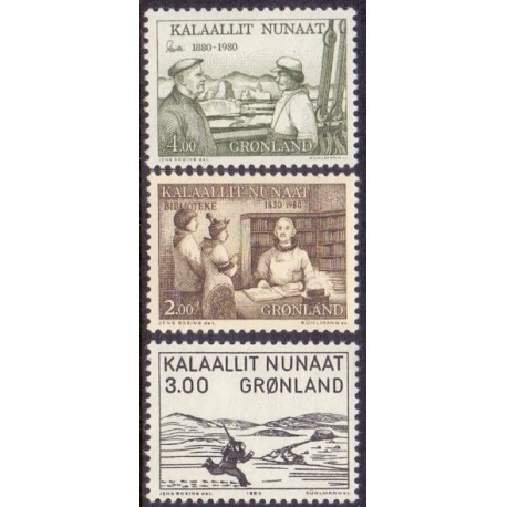 1980. Biblioteksvæsen. Træsnit og Einer Mikkelsen AFA nr. 123-25 postfrisk