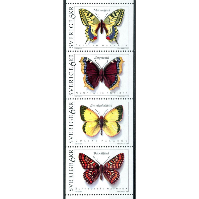 Sverige. 1993. Sommerfugle. AFA nr. 1706-09 postfriske sammentryk Stemplet hæfte FDC parstykkke SWEDEN **/o