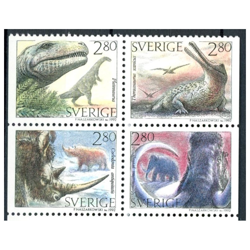 Sverige. 1992. Forhistoriske dyr. AFA nr. 1676-79 postfrisk sammentryk Stemplet hæfte FDC parstykkke SWEDEN **/o