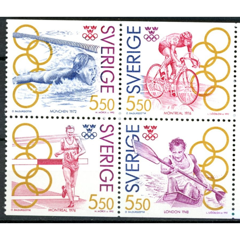 Sverige. 1992. Guldmedaljevinder. AFA nr. 1653-56 postfrisk 4-blok  Stemplet hæfte FDC parstykkke SWEDEN **/o