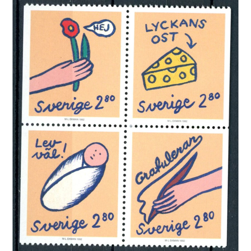Sverige. 1992. Brevhilsner. AFA nr. 1658-61 postfrisk sammentryk Stemplet hæfte FDC parstykkke SWEDEN **/o
