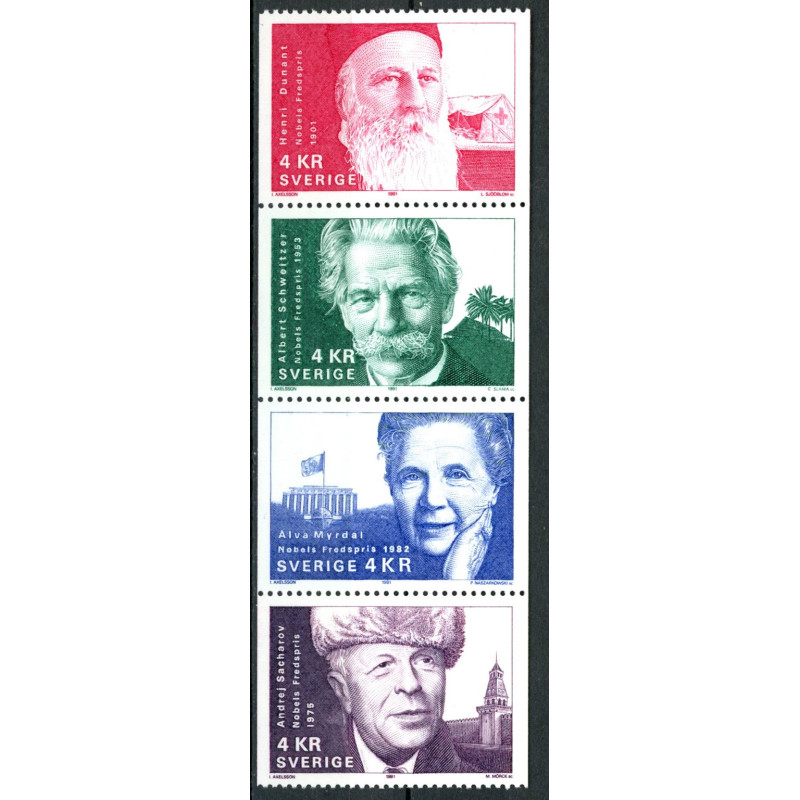 Sverige. 1991. Nobel fredspris. AFA nr. 1627-30  postfrisk 4-stribe Stemplet hæfte FDC parstykkke SWEDEN **/o