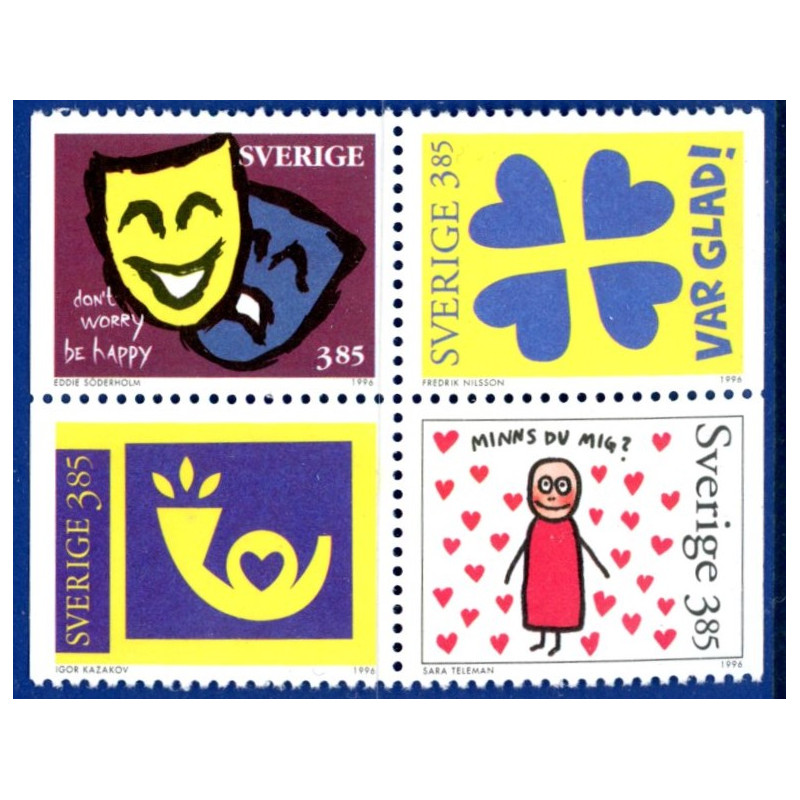 Sverige 1996. Brevhilsner. AFA 1882-85, postfrisk stemplet  hæfte FDC